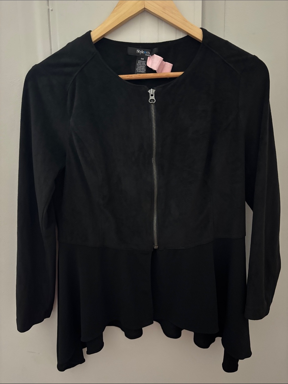 Style & Co. Black Peplum Zip-Front Jacket faux suede medium petite